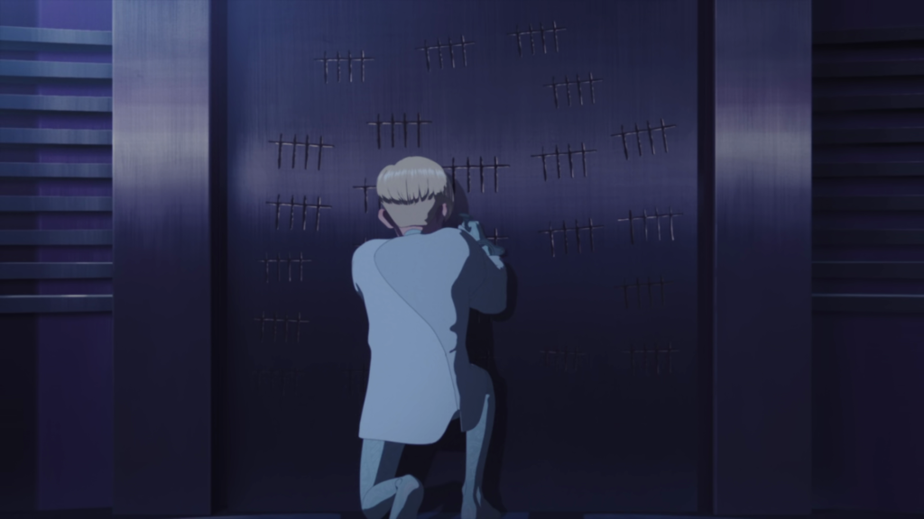 Vash carving tally marks into the wall in "Our Home".