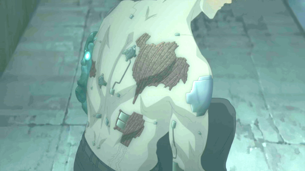 Brightened view of Vash's scarred back in "Humanity".