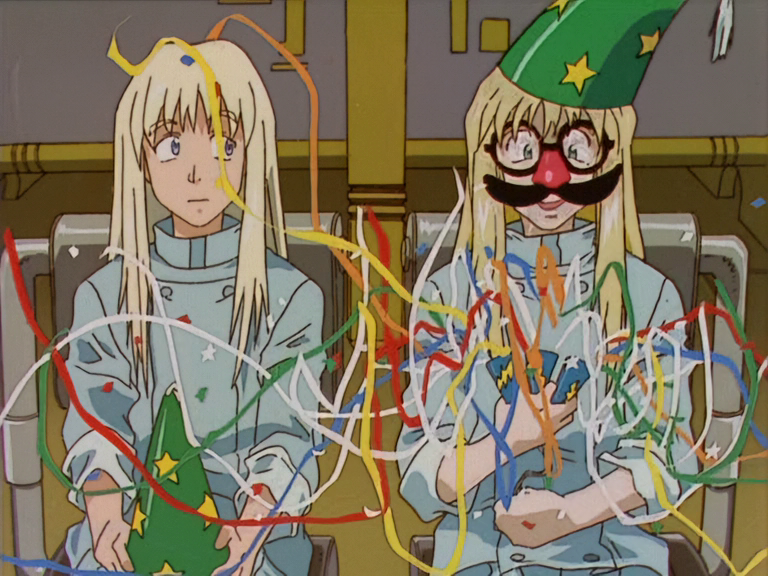 Vash and Knives celebrate reaching a planet in "Rem Saverem".