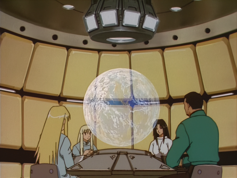 Knives, Vash, Rem, and Joey view a hologram of Earth in the Control Room in "Rem Saverem."