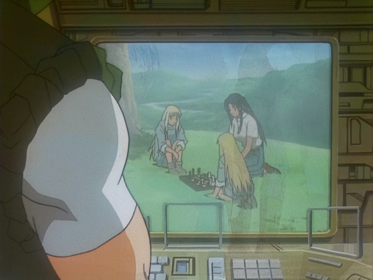 Steve watches Rem, Vash, and Knives play chess in the Recreation Room in "Rem Saverem."