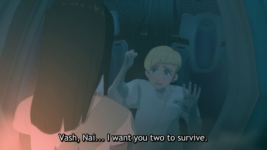 Rem sends Vash and Knives away in an escape pod in "NOMAN'S LAND".