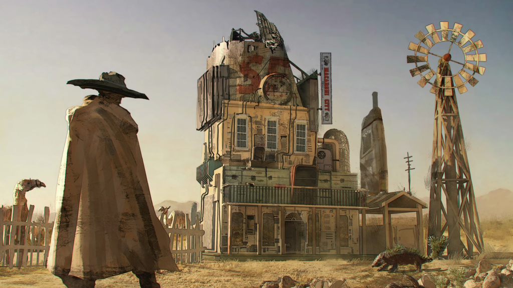 Concept art by Tajima Koji, at the end of "Bright Light, Shine Through the Darkness". A Western-style location in No Man's Land with the sign Macaroni City.