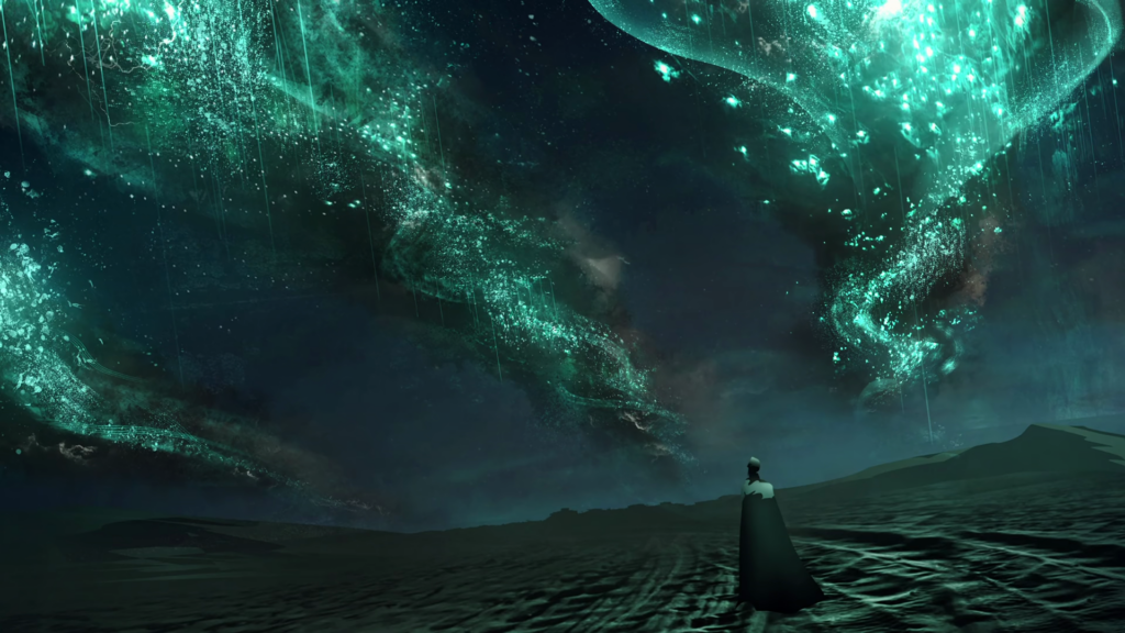 Concept art by Tajima Koji, at the end of "HUNGRY!" In the desert, a figure watches glowing swarms of worms in the night sky.