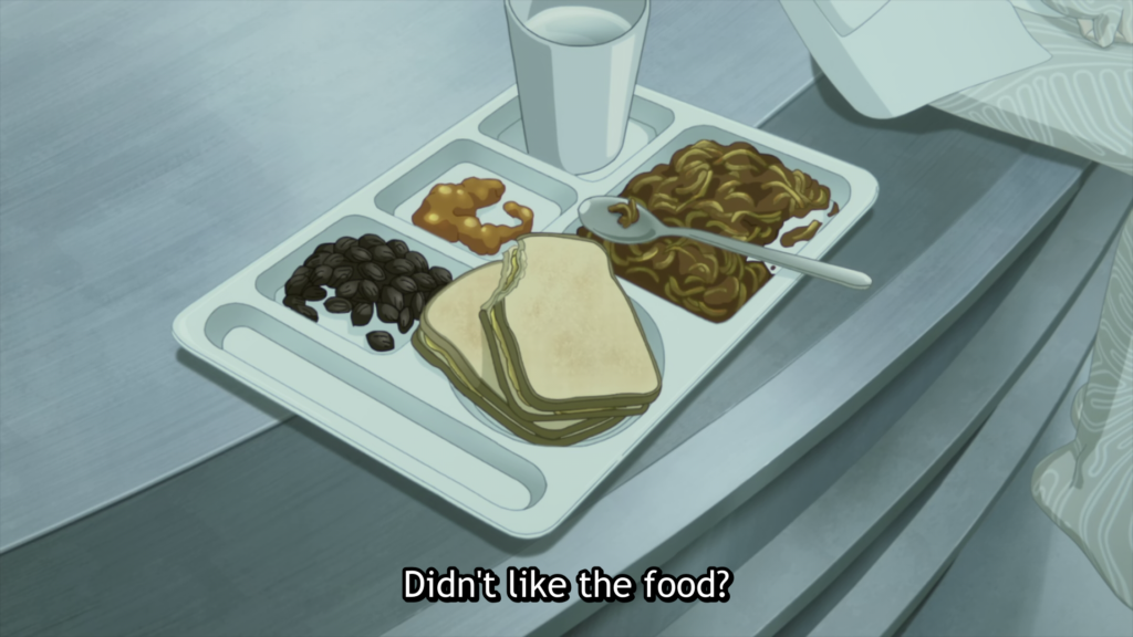 Vash has taken a few bites of his food in "Our Home".