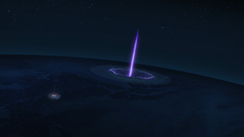 A spike of purple energy shoots out of the crater where JuLai used to be in "High Noon at July".