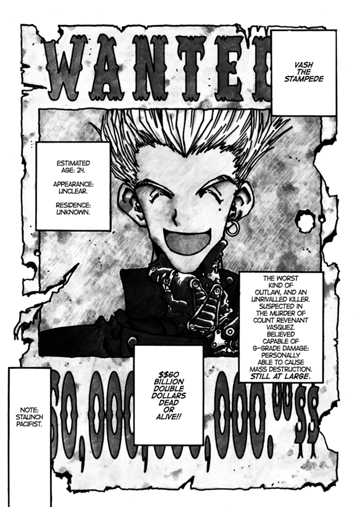 Vash's bounty poster in "The $$60,000,000,000 Man" (Trigun Volume 1, Chapter 1)