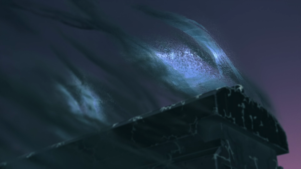 A closeup of the blackness, blue lights and smoke on Vash's gun in "Bright Light, Shine Through the Darkness". The higher dimension is visible but empty.