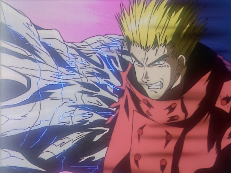 Vash's angel arm glows with blue plant markings in "Under the Sky So Blue".