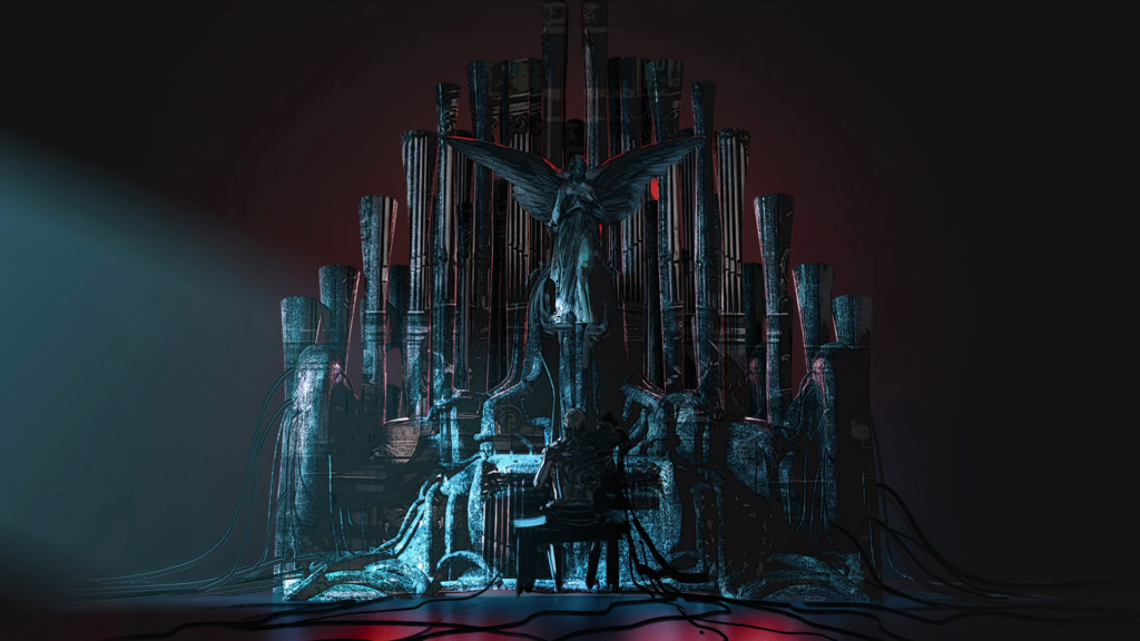 Concept art by Tajima Koji, at the end of “The Running Man”. A man, possibly Millions Knives, sits at an ornate, ominous organ. An angel statue stands perched over the keyboard.