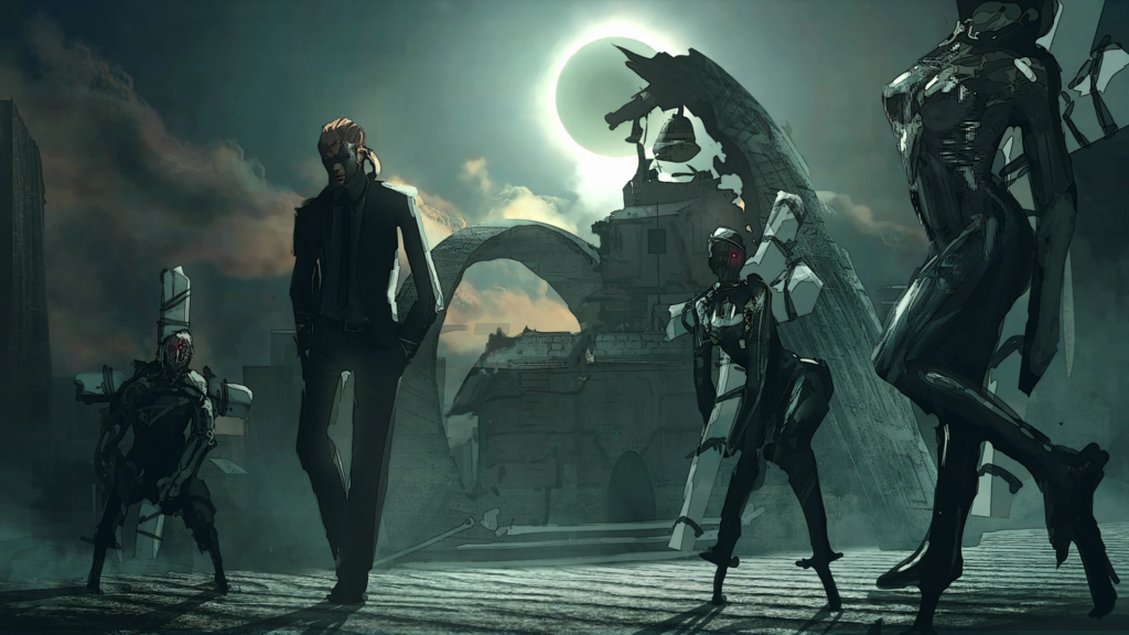 Concept art by Tajima Koji, at the end of “Once Upon A Time In Hopeland". Livio stands in front of Hopeland Orphanage, while three black-clad figures stand around him, each carrying a wrapped Punisher.